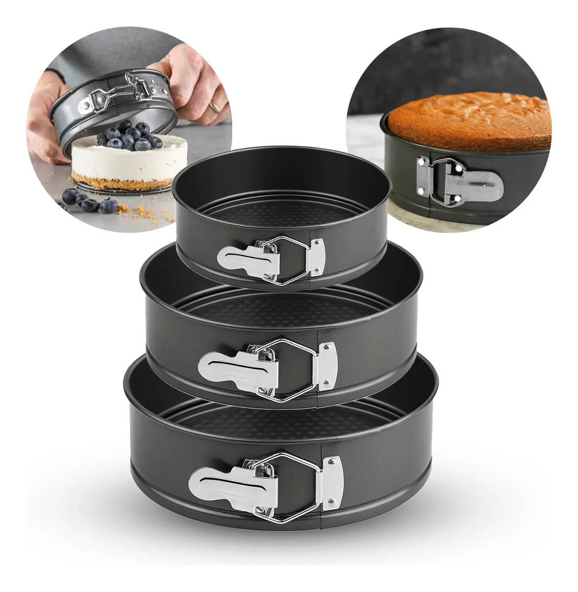 Kit 3 Formas Para Bolo Torta Com Fundo Removível Antiaderente Aço Carbono Redondas Preto