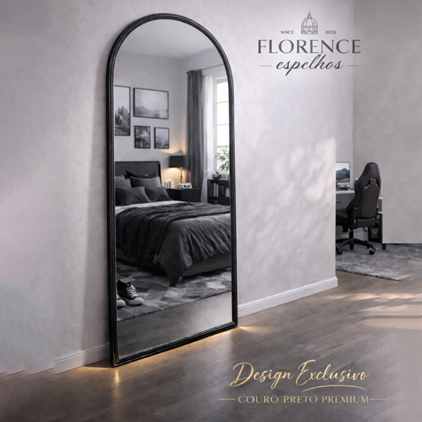 Espelho Verona Oval Base Reta Corpo Inteiro Com Moldura em Couro Premium 120x50 Sala Quarto - Imagem 2