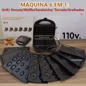 Máquina Antiaderente 6 Em 1 Grill/ Donuts/Waflle/ Sanduíche/ Torrada/Grelhados/ 110V